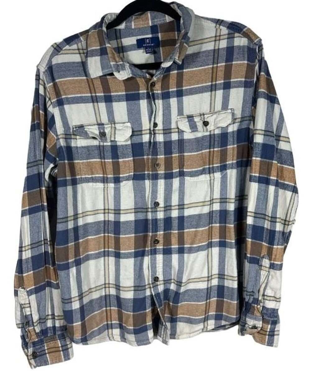 George Plaid Flannel Shirt Size L Blue Brown Cream Long Sleeve Button Up